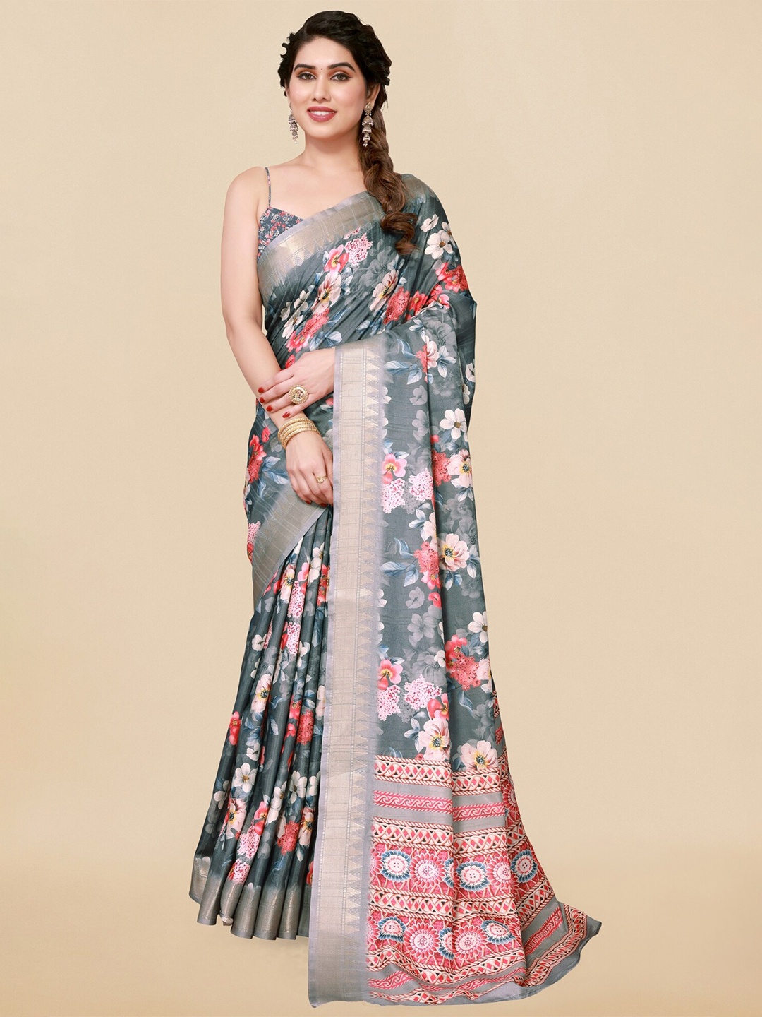 

MIRCHI FASHION Floral Printed Zari Saree, Grey