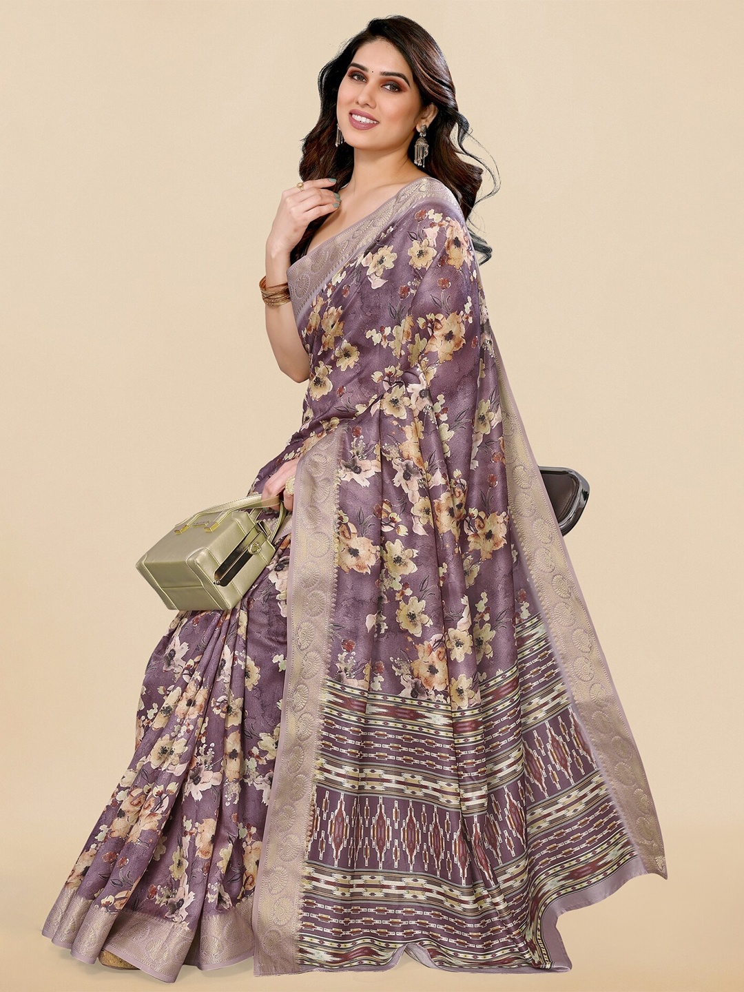 

MIRCHI FASHION Floral Printed Silk Blend Ikat Saree, Purple