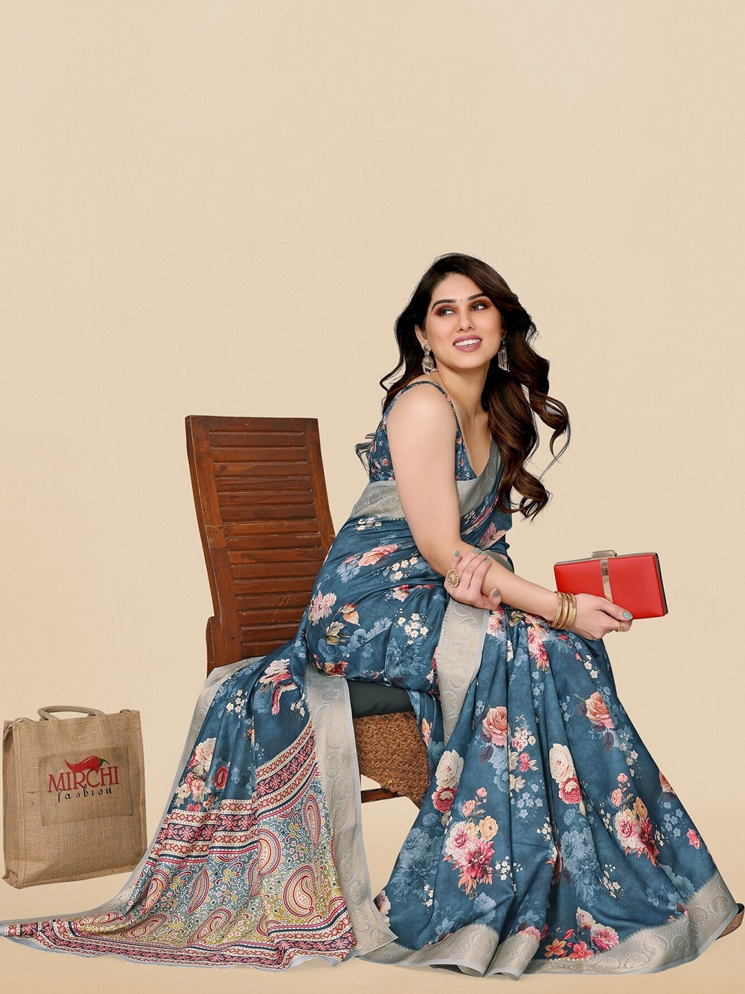

MIRCHI FASHION Floral Printed Silk Blend Saree, Blue