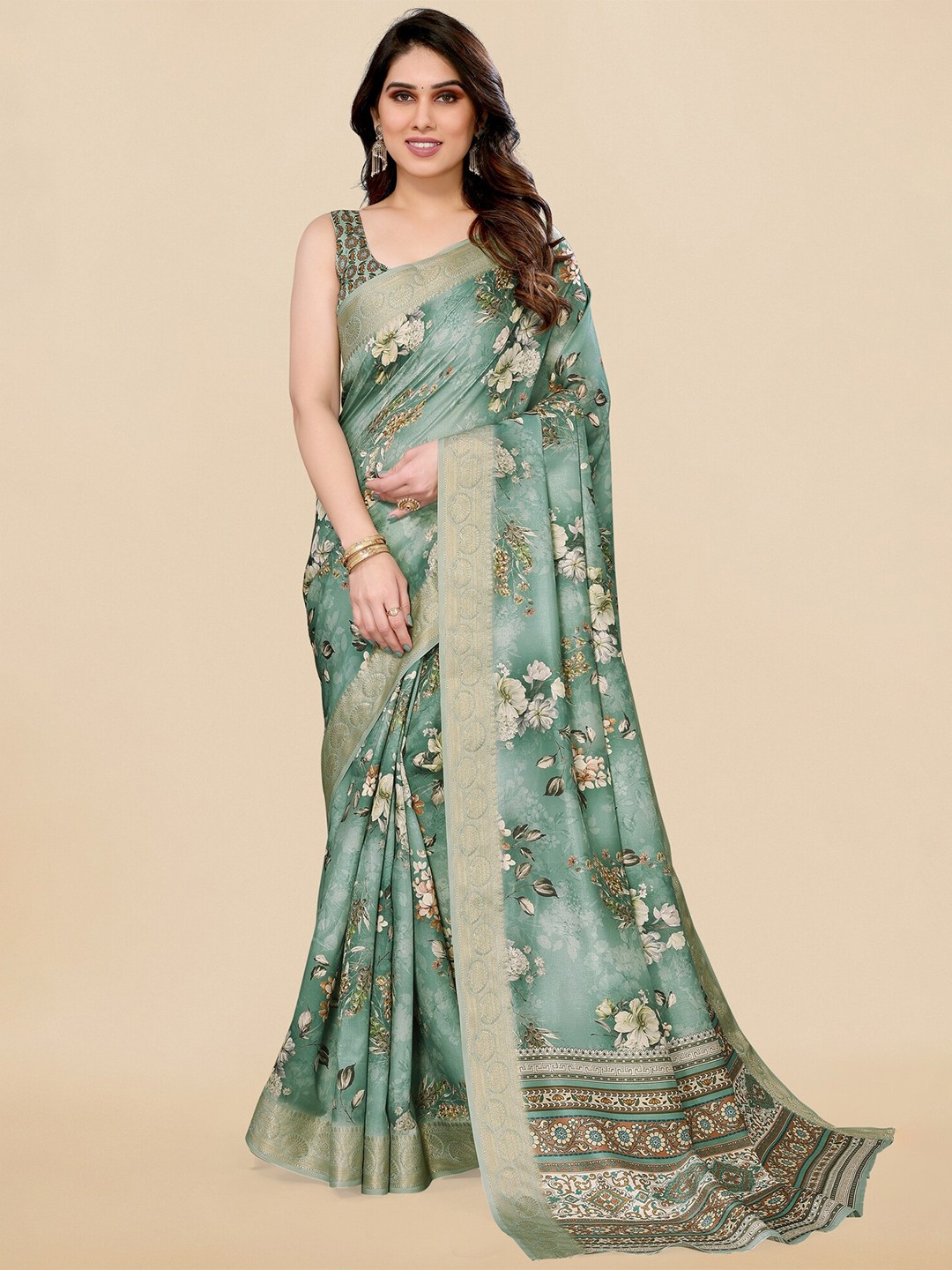 

MIRCHI FASHION Teal Floral Printed Zari Saree