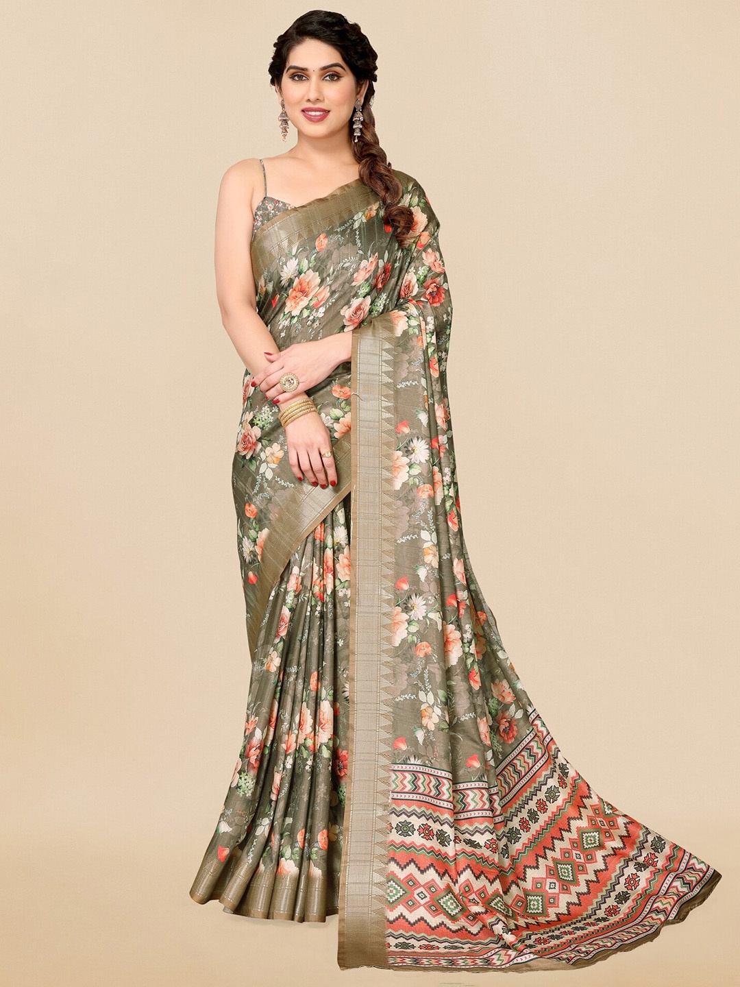 

MIRCHI FASHION Olive Green Floral Printed Zari Saree