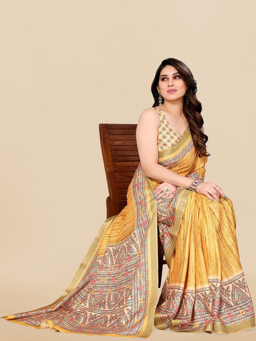 

MIRCHI FASHION Yellow & Cream-Coloured Ethnic Motifs Printed Kantha Work Saree