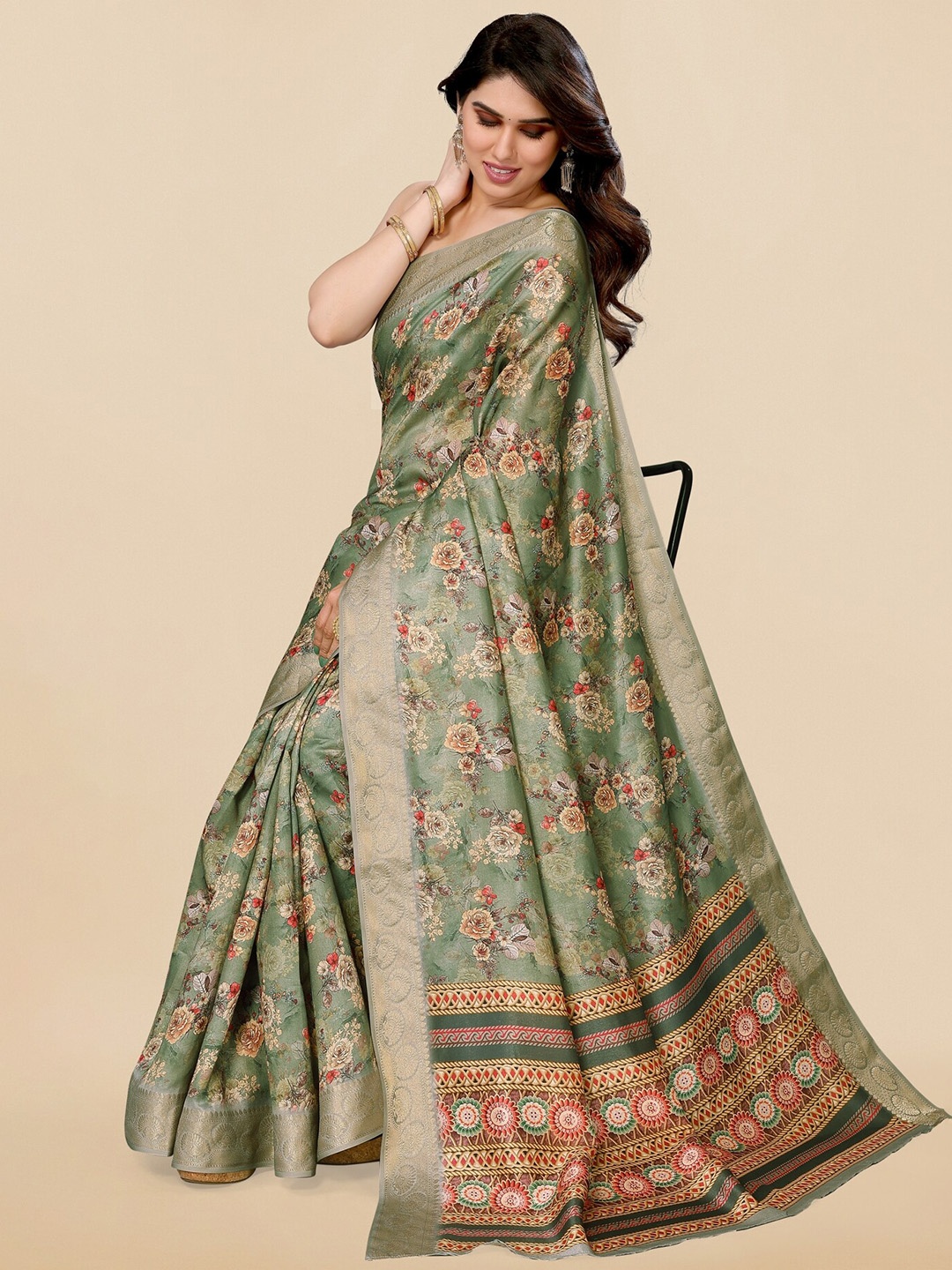 

MIRCHI FASHION Olive Green Floral Printed Zari Saree