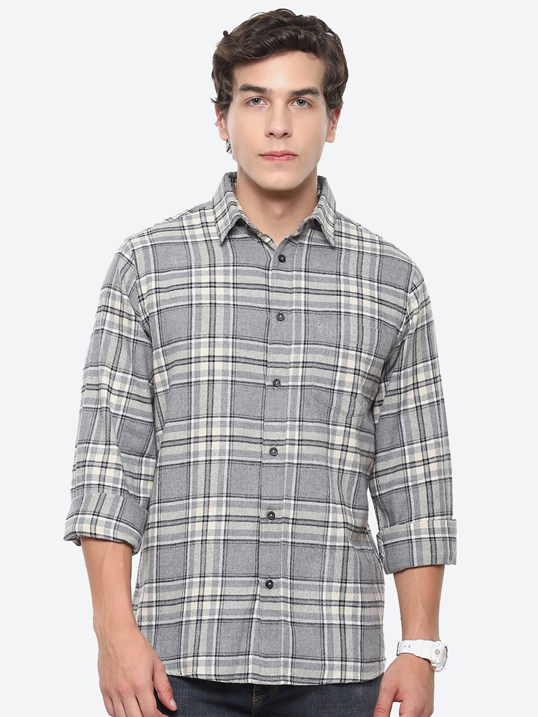 

2Bme Tartan Checks Cotton Casual Shirt, Grey