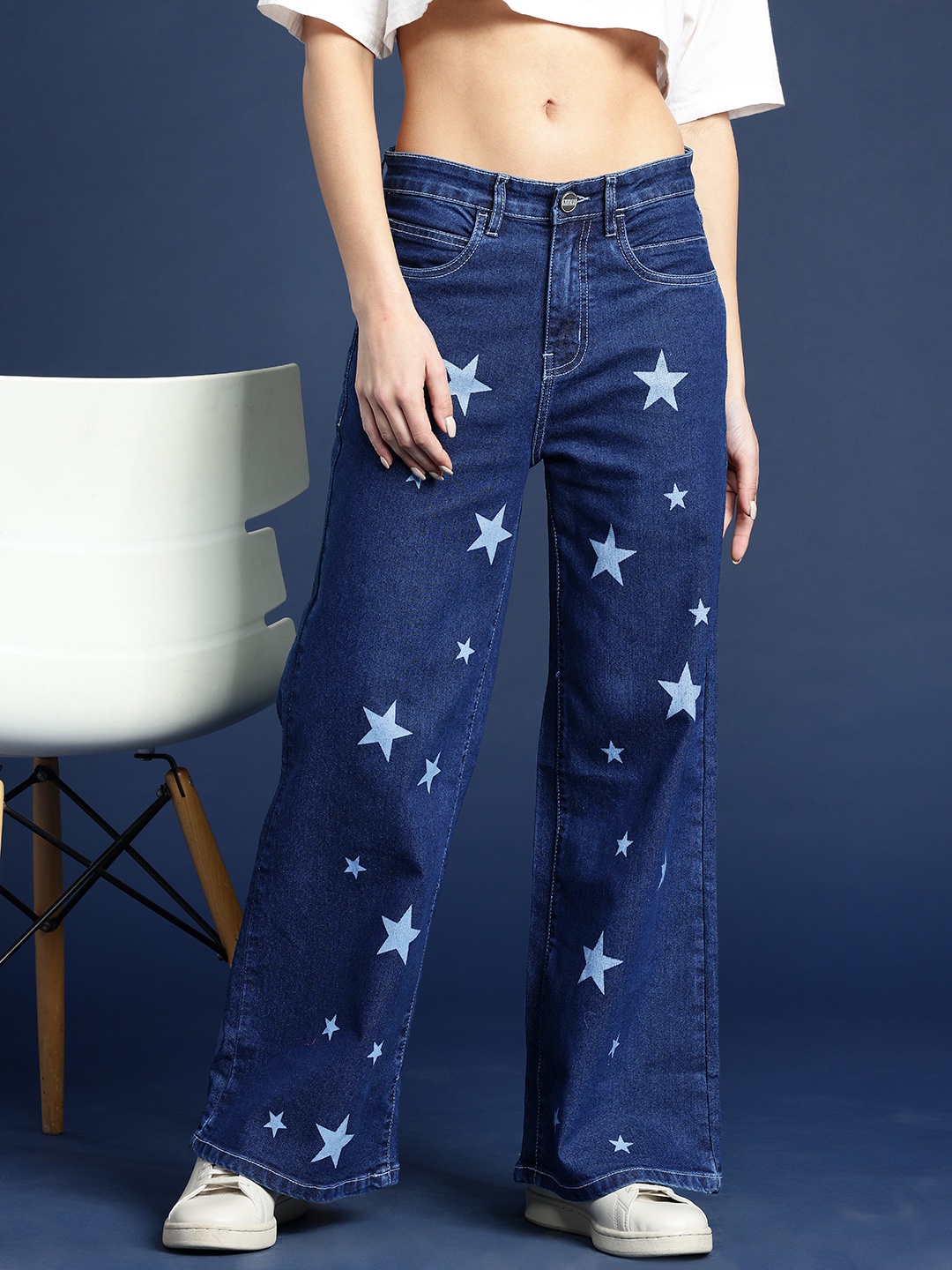 

Mast & Harbour Women Wide Leg Printed Jeans, Navy blue