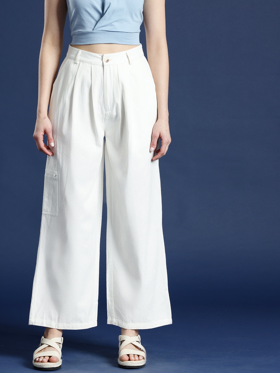 

Mast & Harbour Women Flared Fit Pleated Pure Cotton Trousers, White