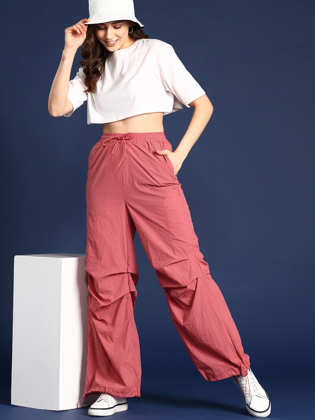 

Mast & Harbour Women High-Rise Pleated Detail Oversized Pockets Joggers Style Trousers, Rose