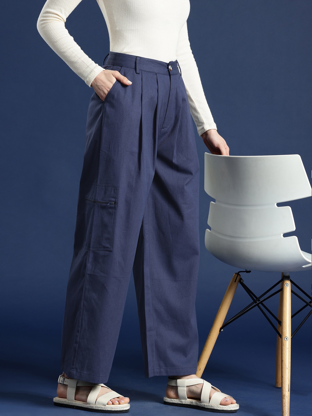 

Mast & Harbour Women Flared Fit Pleated Pure Cotton Trousers, Navy blue