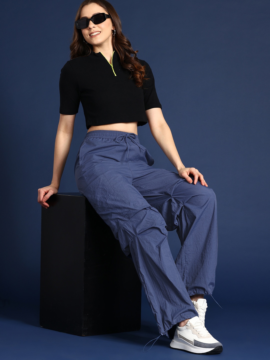 

Mast & Harbour Women High-Rise Pleated Detail Oversized Pockets Joggers Style Trousers, Navy blue