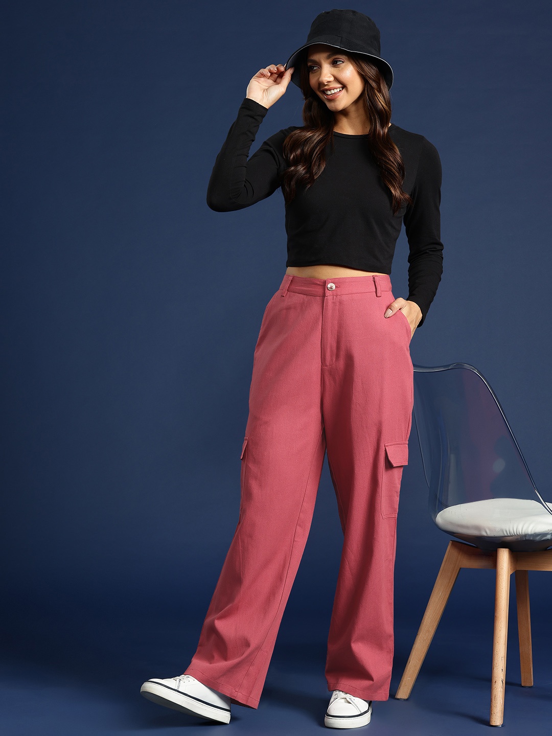 

Mast & Harbour Women Cotton High-Rise Cargos Trousers, Coral
