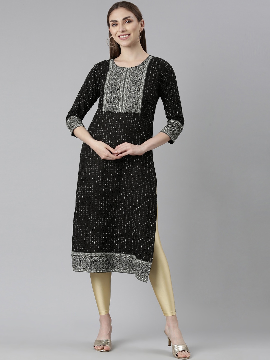 

Neerus Ethnic Motifs Printed Straight Kurta, Black