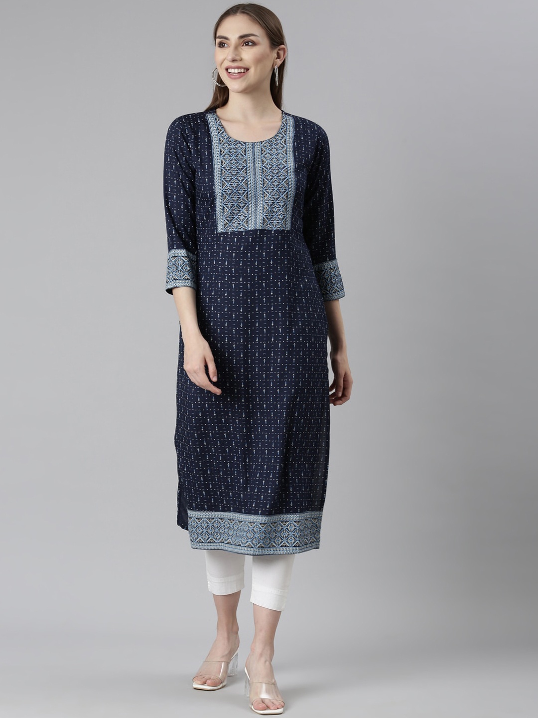 

Neerus Ethnic Motifs Printed Straight Kurta, Navy blue