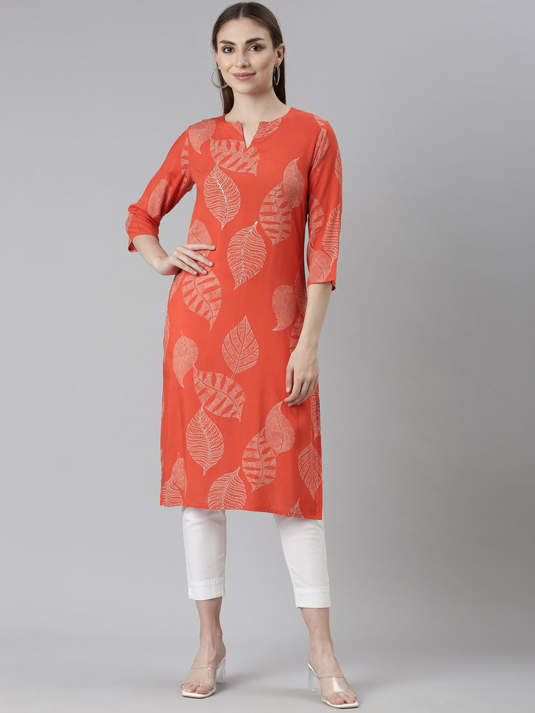 

Neerus Ethnic Motifs Printed Sequins Detail Straight Kurta, Orange