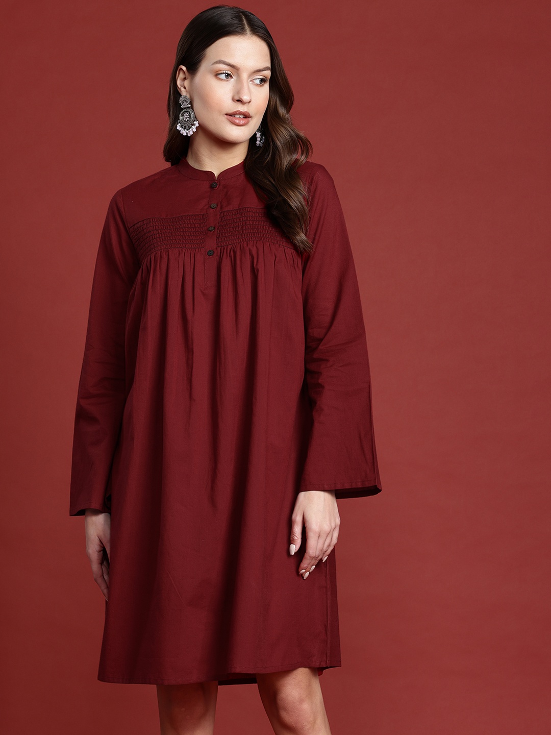 

all about you Flared Sleeves Pure Cotton A-Line Dress, Maroon