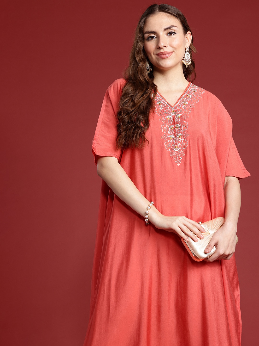 

all about you Extended Sleeves Thread Work Kaftan Kurta, Peach