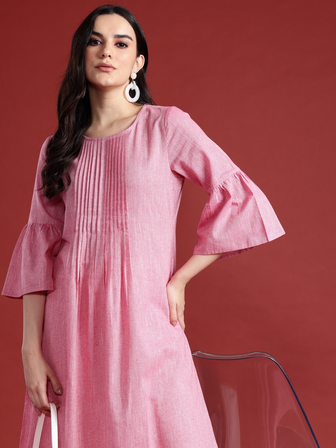 

all about you Bell Sleeves Pleated Kurta, Pink