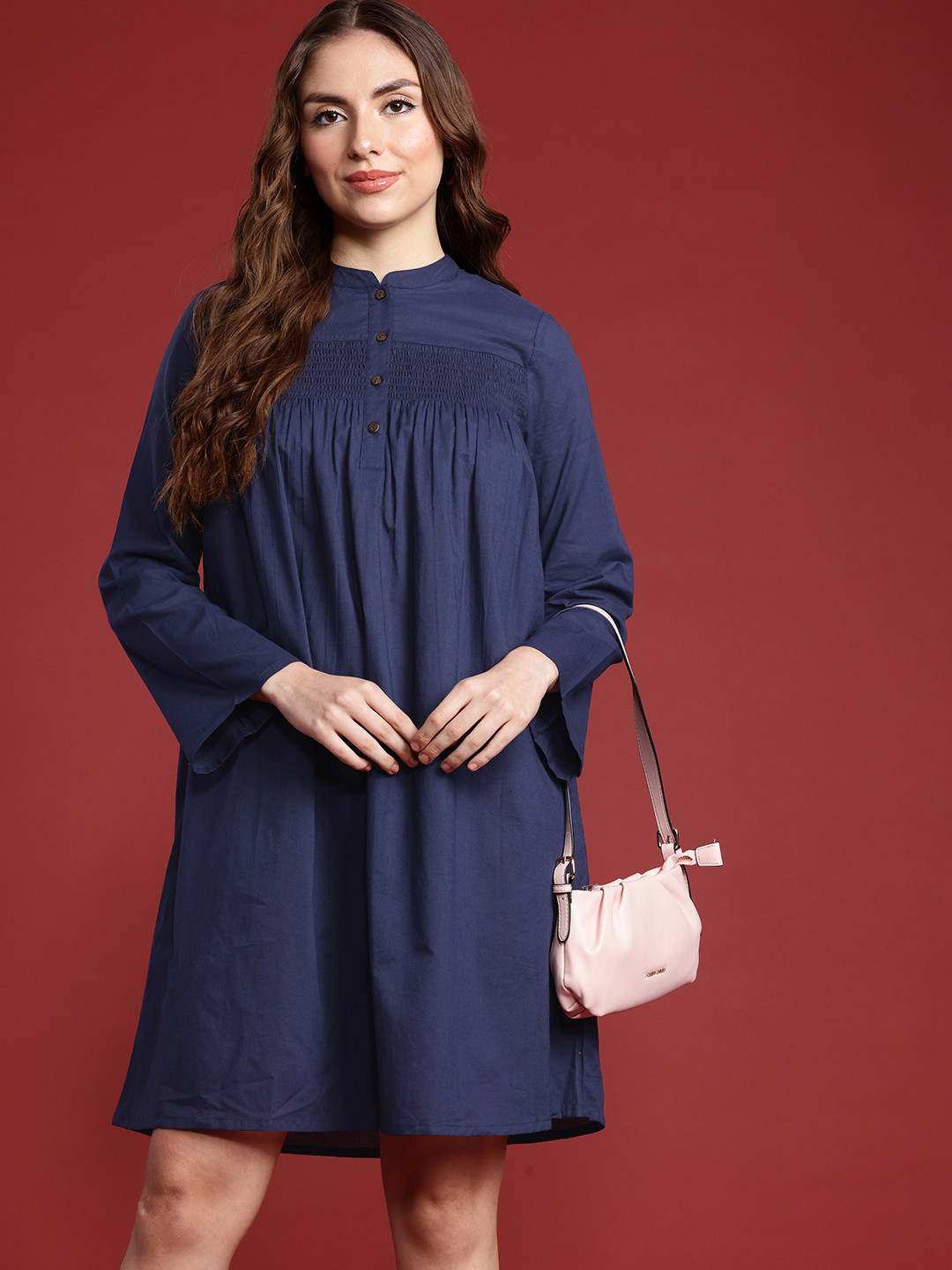 

all about you Flared Sleeves Pure Cotton A-Line Dress, Navy blue