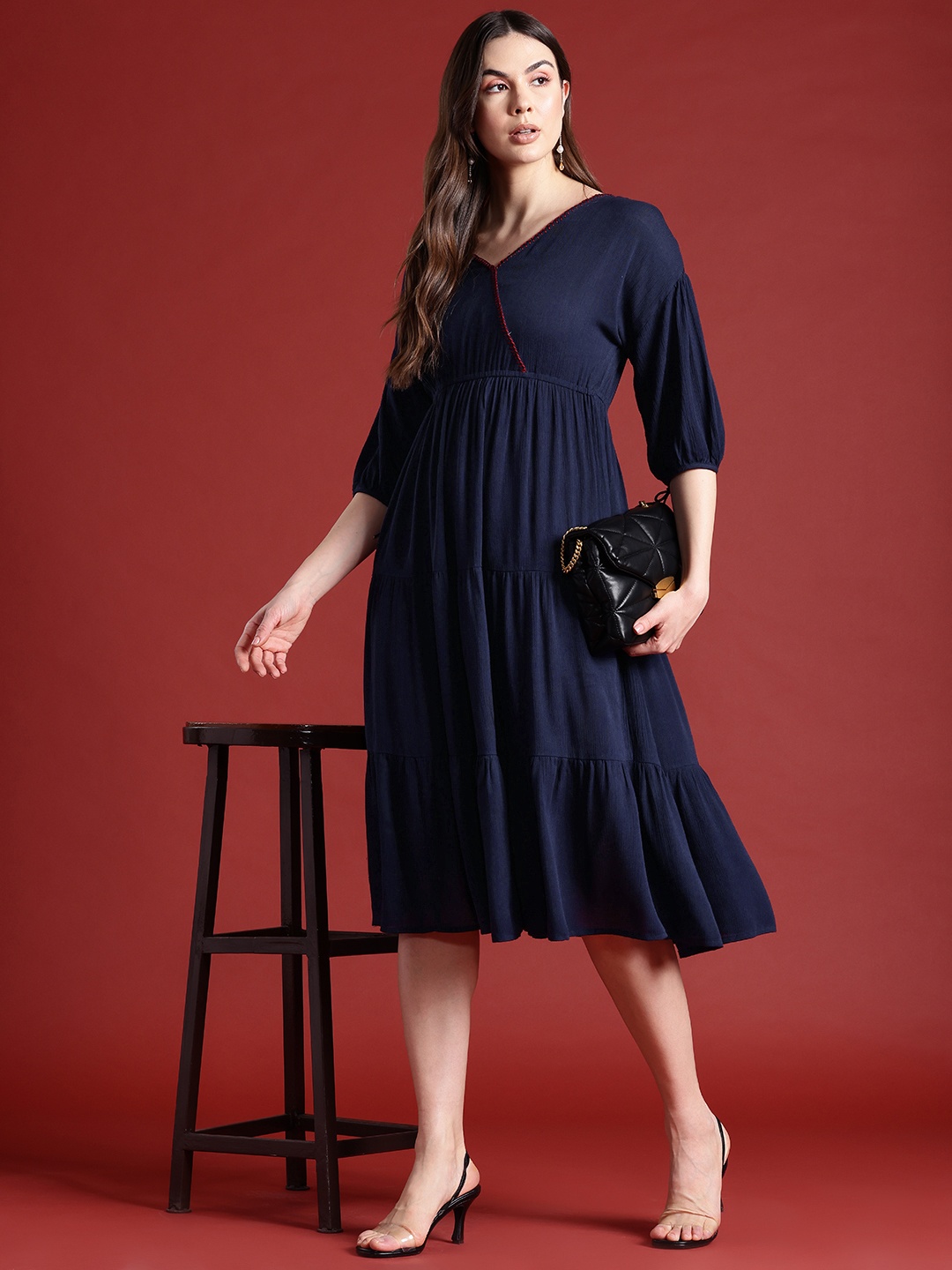 

all about you Puff Sleeves Tiered Midi Wrap Style Dress, Navy blue