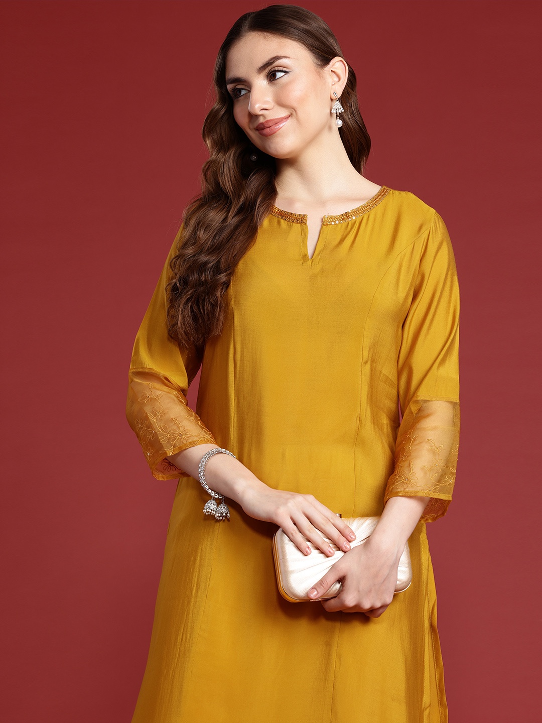 

all about you Embroidered Detail Kurta, Mustard