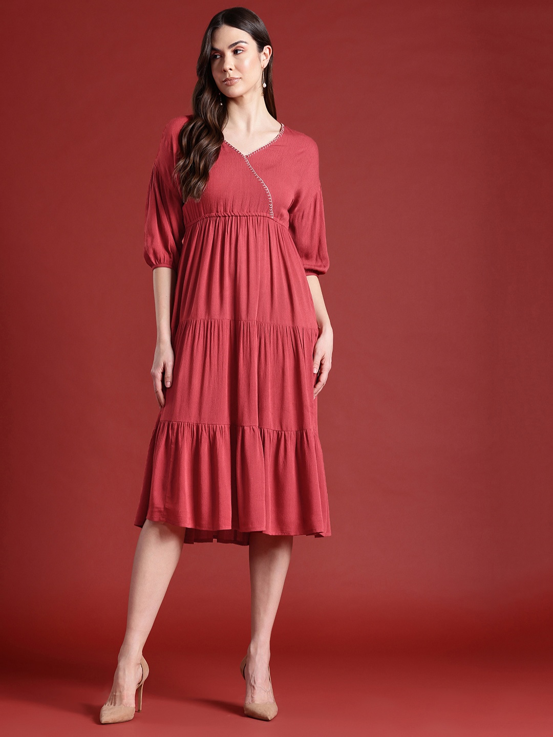 

all about you Puff Sleeves Tiered Midi Wrap Style Dress, Rust