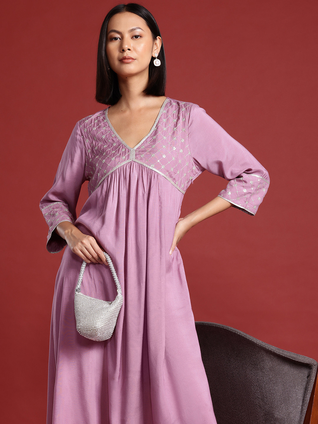 

all about you Thread Work & Sequinned Yoke Design Empire Ethnic Dress, Mauve