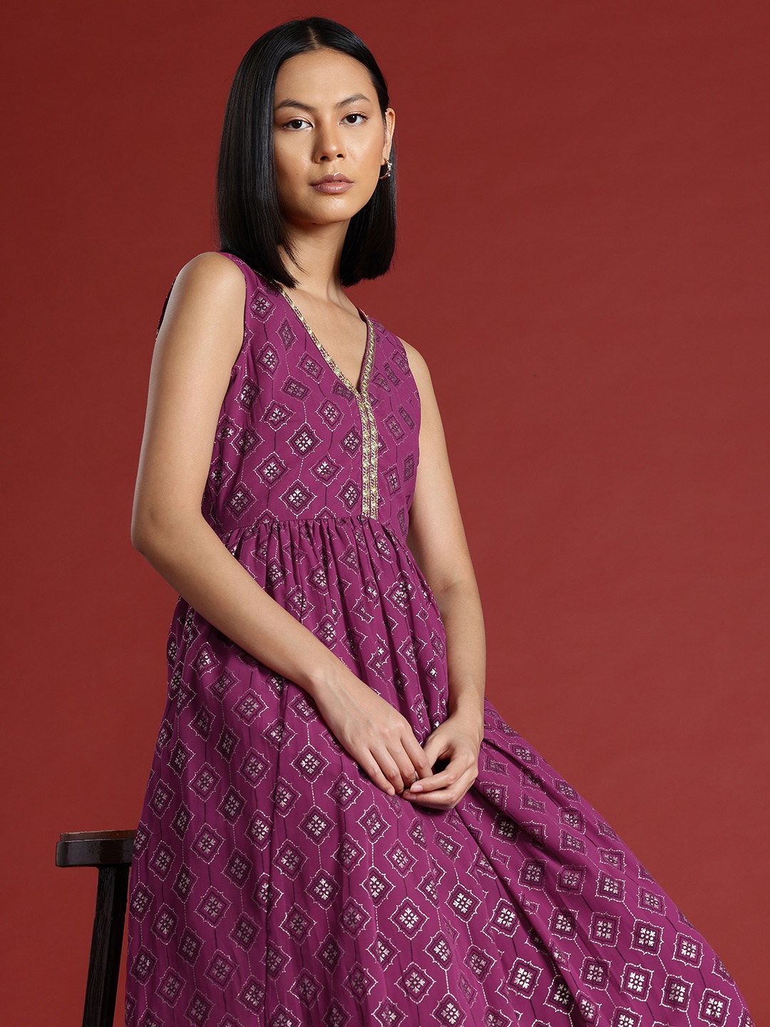 

all about you Ethnic Motifs Print V-Neck Midi Dress, Purple