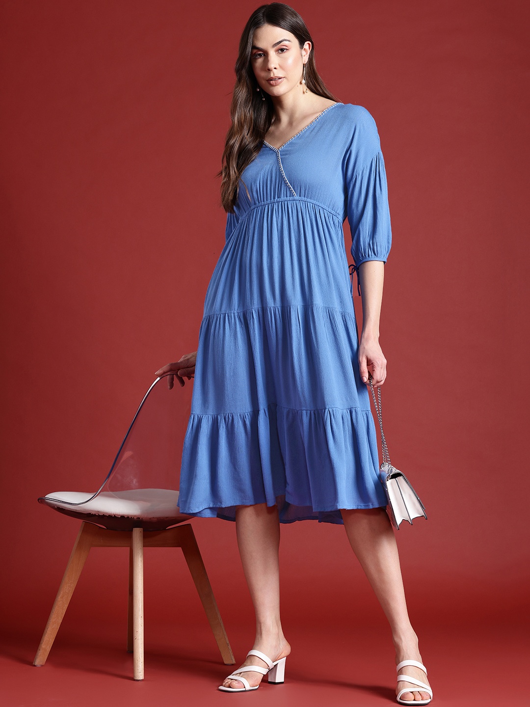 

all about you Puff Sleeves Tiered Midi Wrap Style Dress, Blue