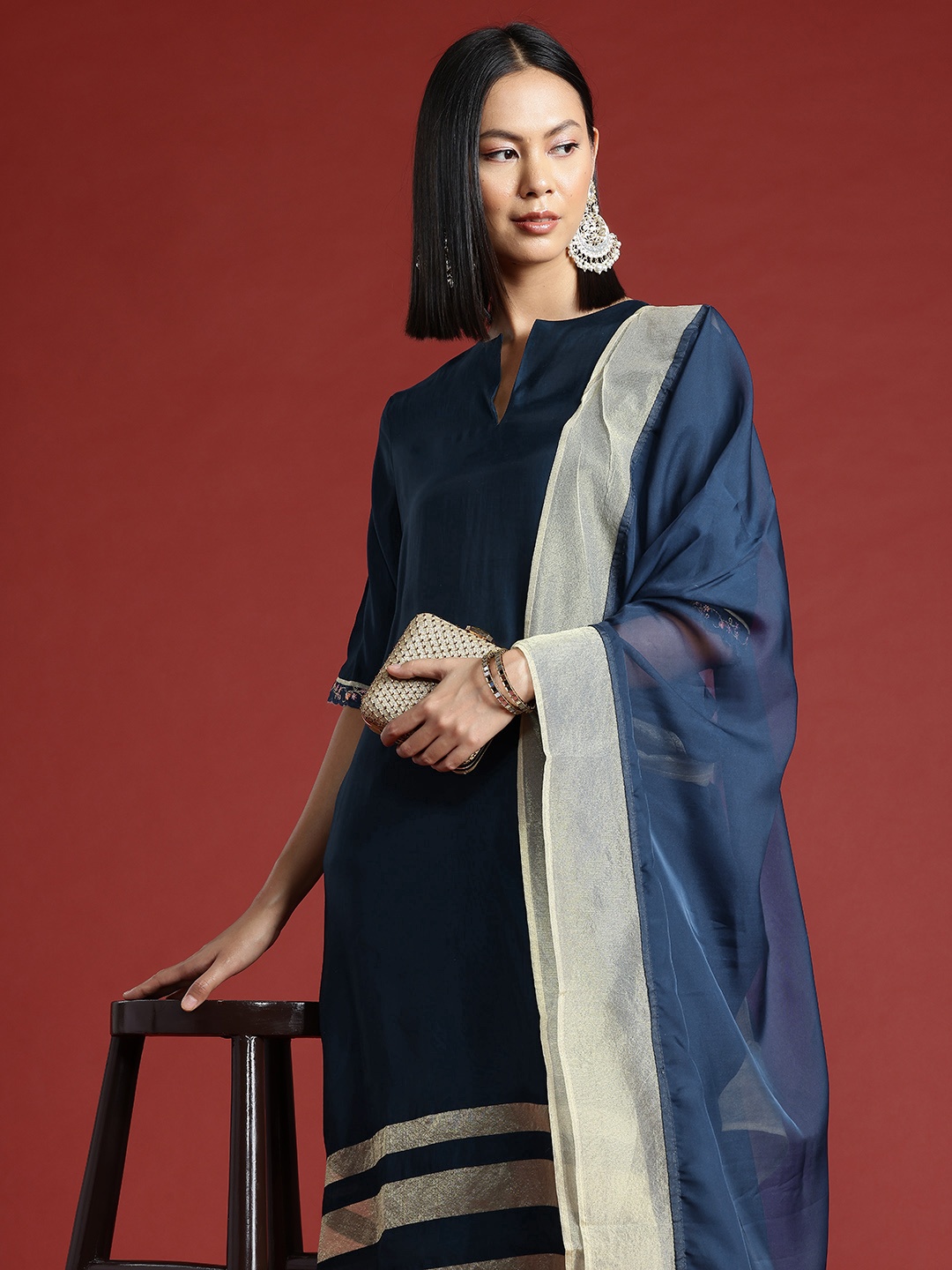 

all about you Striped Detail Regular Kurta with Trousers & Dupatta, Navy blue