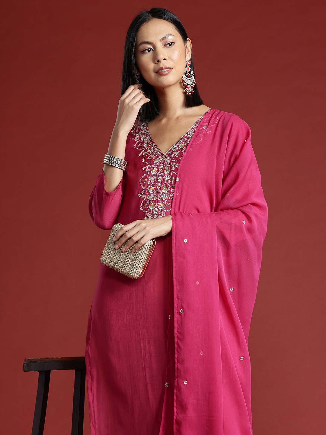 

all about you Women Ethnic Motifs Yoke Design Kurta with Trousers & Dupatta, Pink