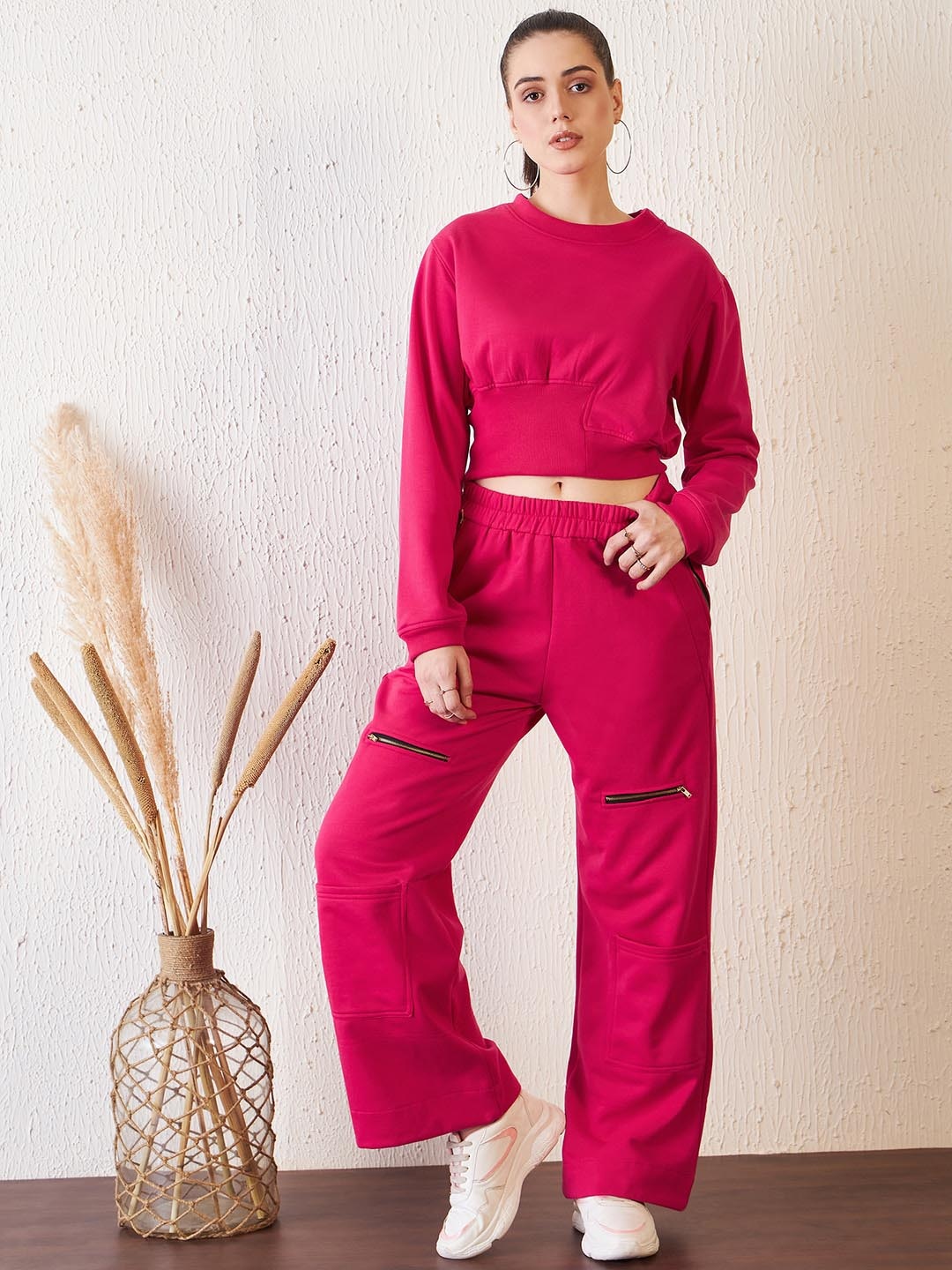 

Antheaa Pink Round Neck Top With Flared Trousers