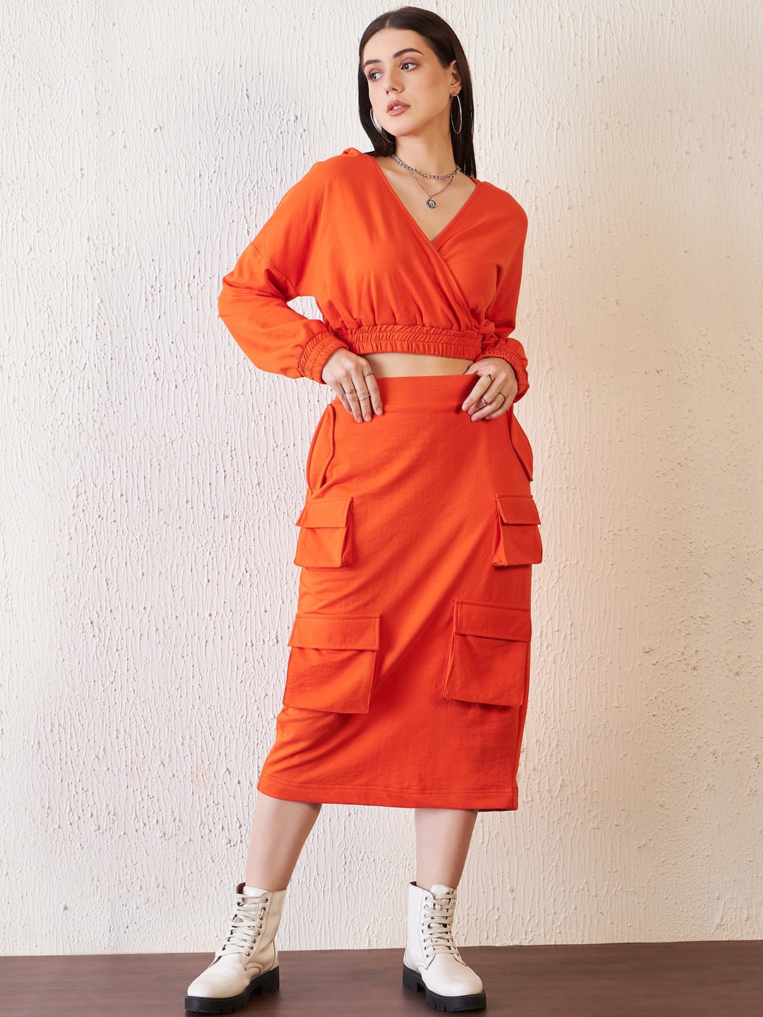 

Antheaa Orange Terry Crop Top With Cargo Skirt