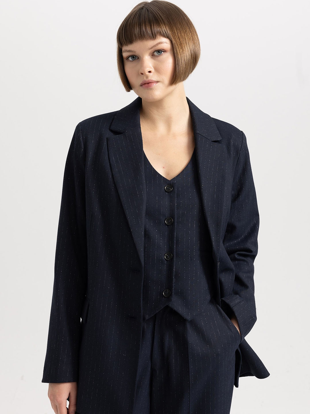 

DeFacto Striped Single-breasted Casual Blazer, Navy blue