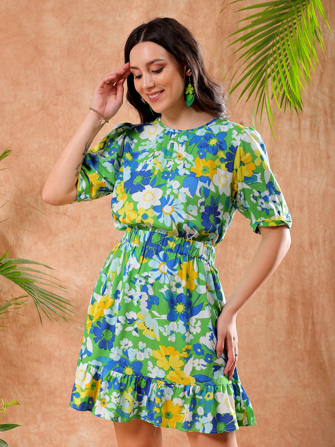 

Freehand by The Indian Garage Co Floral Printed Cuffed Sleeves Gathered Detail Fit and Flare Dress, Green