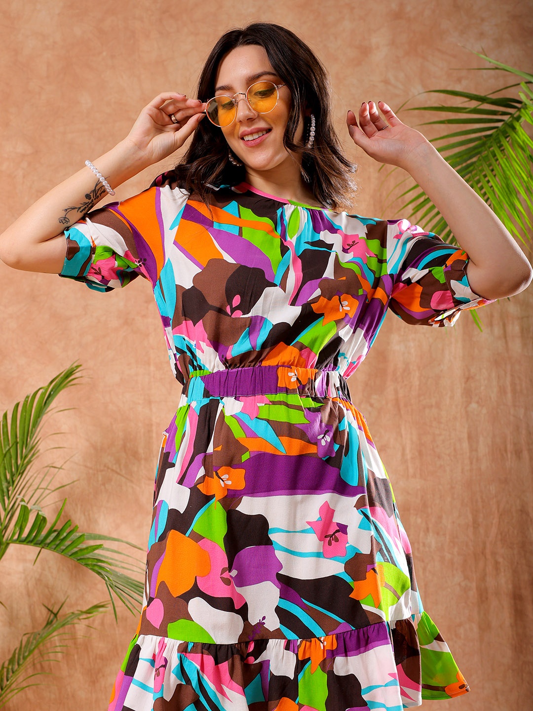 

Freehand by The Indian Garage Co Floral Printed Cuffed Sleeves Gathered Dress, White
