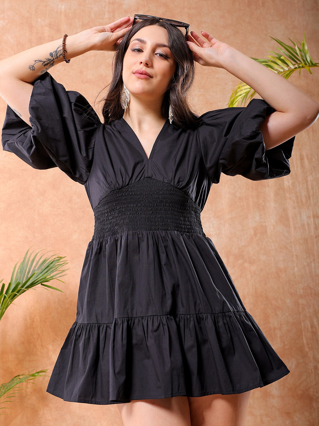 

Freehand by The Indian Garage Co V-Neck Puff Sleeve Smocked Detail Cotton Fit and Flare Dress, Black