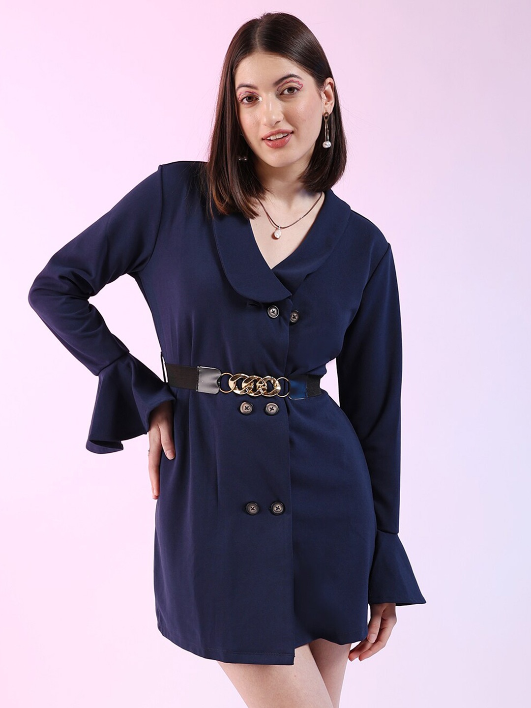 

Freehand by The Indian Garage Co Blue Shawl Collar Bell Sleeves Belted A-Line Mini Dress