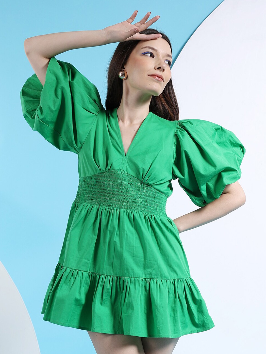 

Freehand by The Indian Garage Co Green V-Neck Puff Sleeve Smocked Cotton A-Line Midi Dress