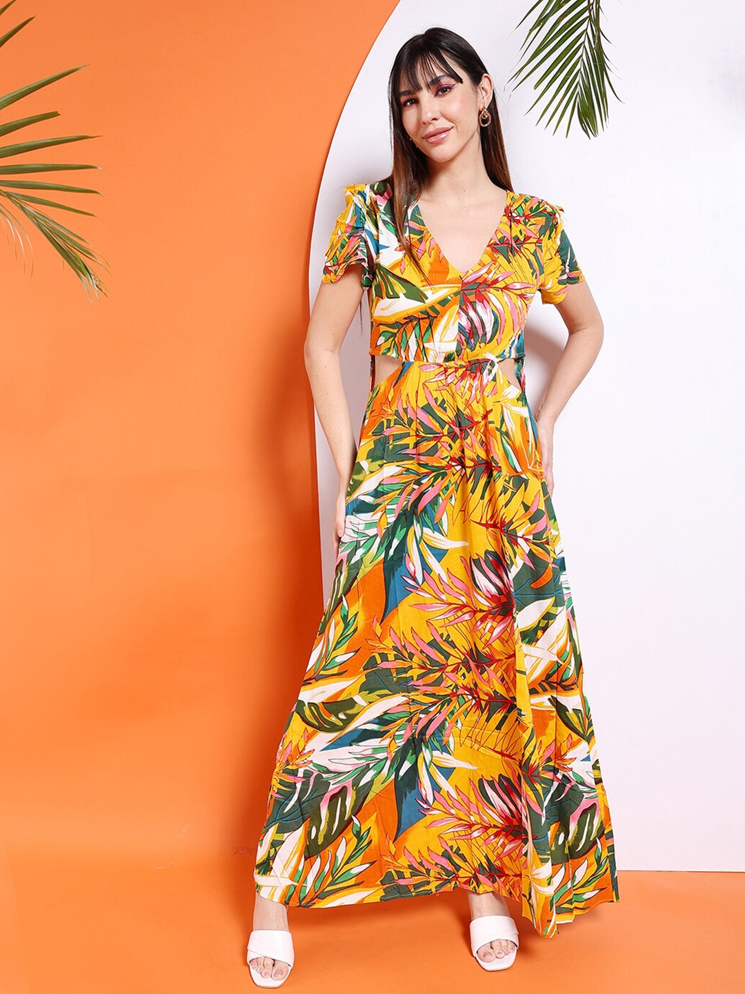 

Freehand by The Indian Garage Co Tropical Printed V-Neck Cut-Outs Detail Maxi Dress, Yellow