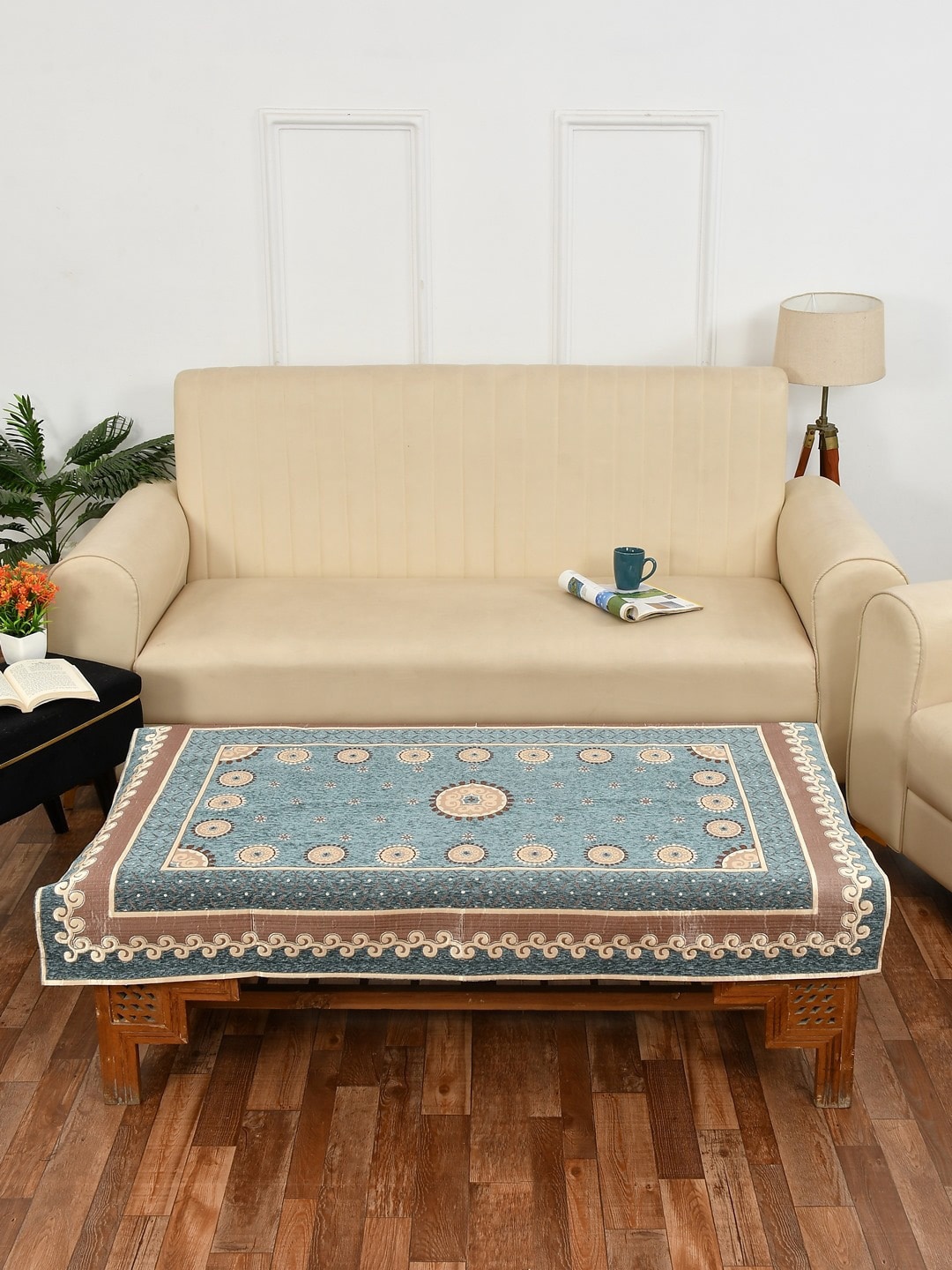 

MULTITEX Sea Green & Brown Cotton Printed 4 Seater Rectangle Table Cover