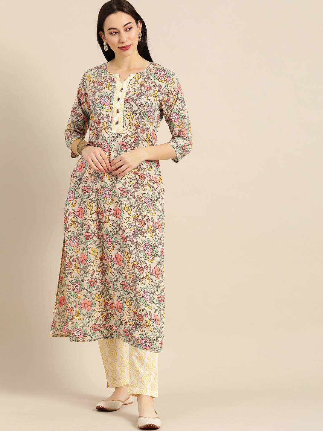 

KALINI Floral Printed Pure Cotton Straight Kurta With Trouser, Cream