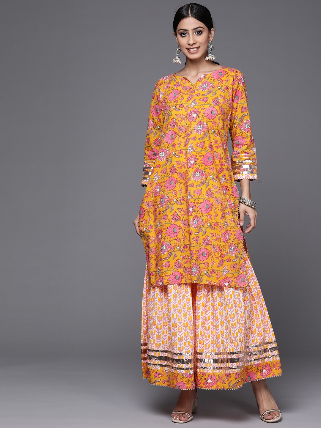 

KALINI Floral Printed Gotta Patti Detailed Pure Cotton Straight Kurta With Sharara, Yellow