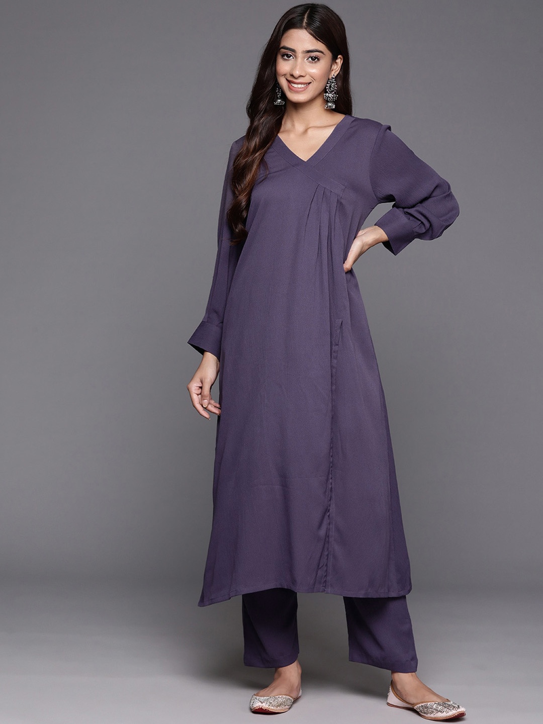 

KALINI V-Neck Long Sleeves A-Line Kurta With Trousers, Violet