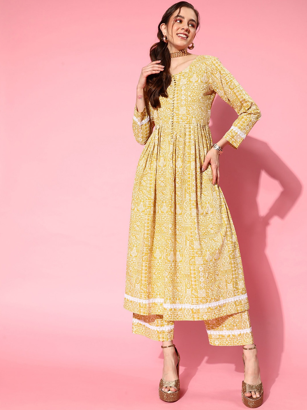 

KALINI Ethnic Motifs Printed Empire Pure Cotton Kurta With Trousers, Mustard