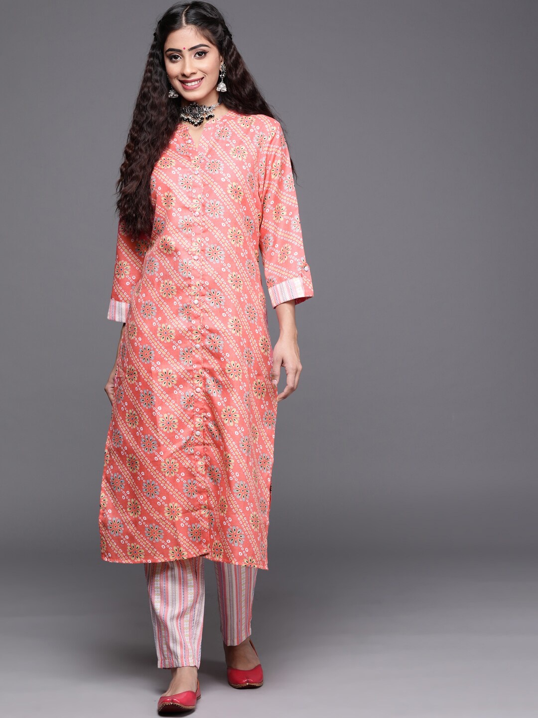 

KALINI Bandhani Printed Khadi Weave Regular Kurta With Trousers, Coral