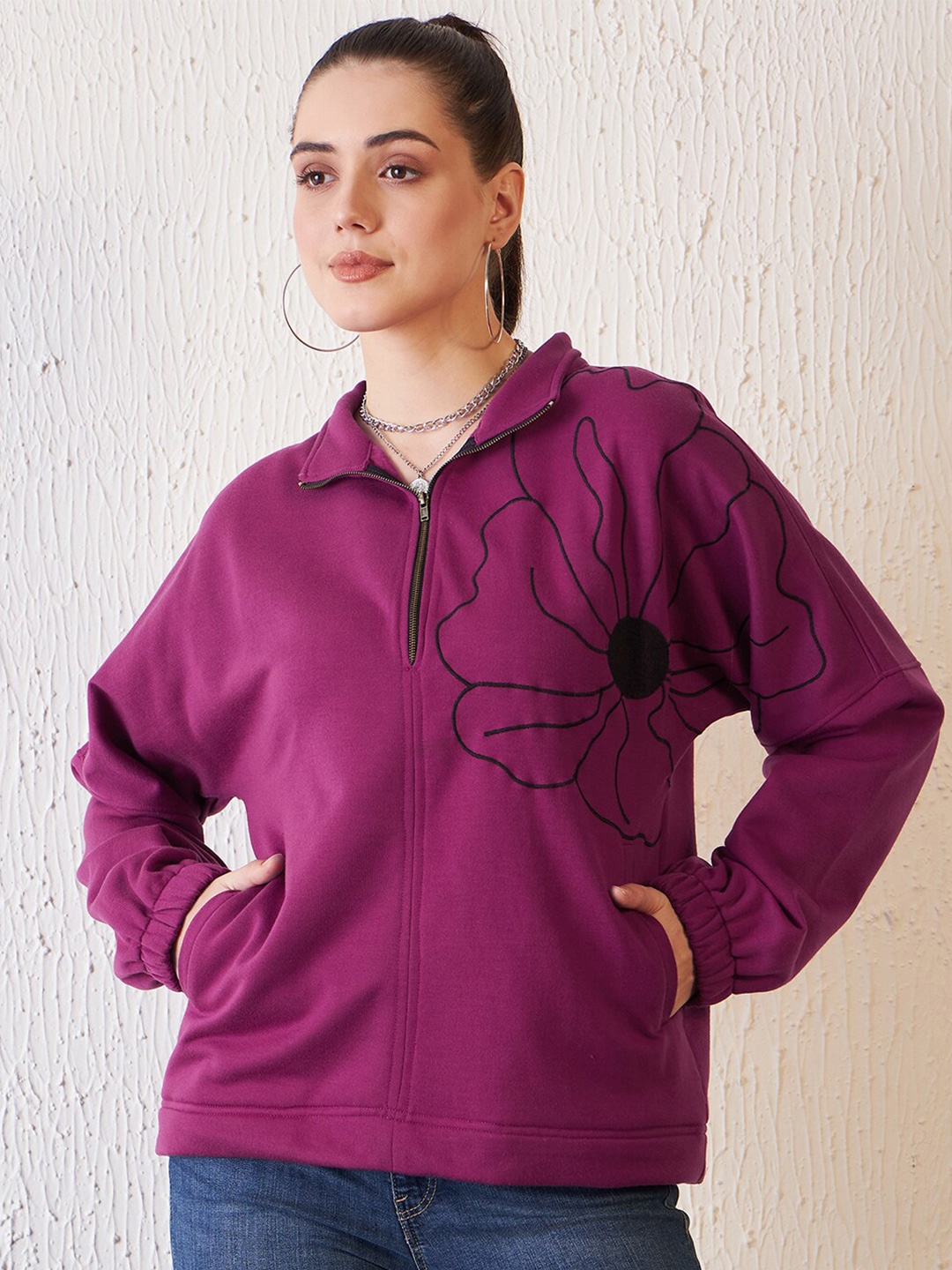 

Antheaa Purple Floral Embroidered Mock Collar Fleece Pullover