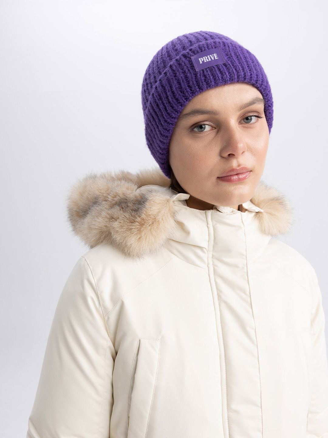

DeFacto Women Self Design Beanie, Purple