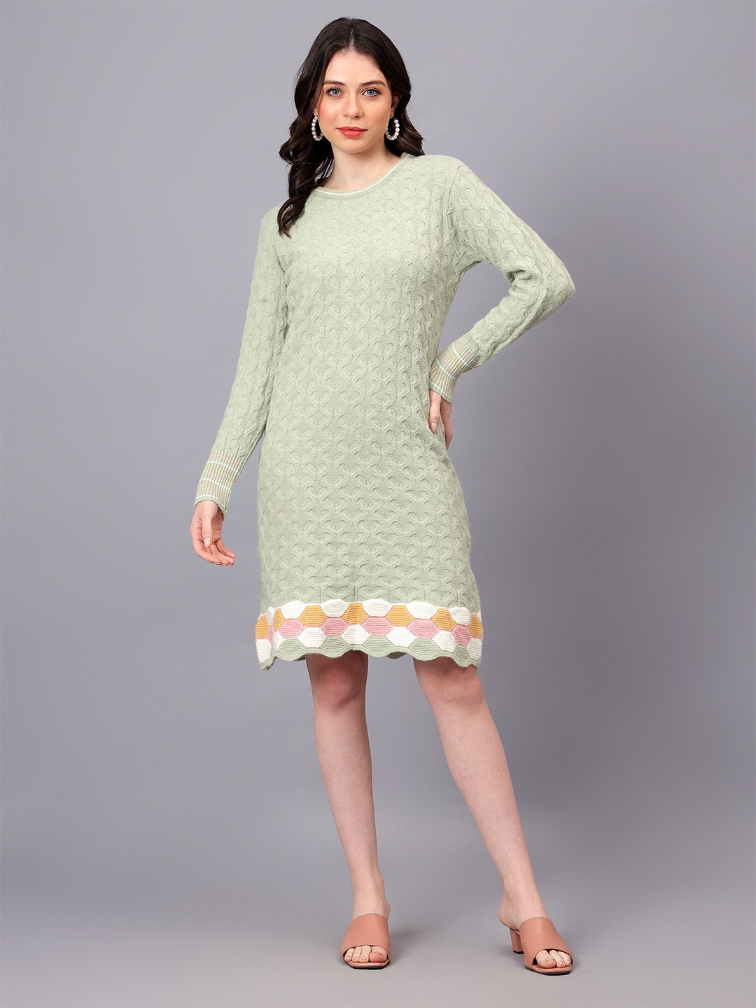 

BROOWL Self Design Woollen Sheath Dress, Green