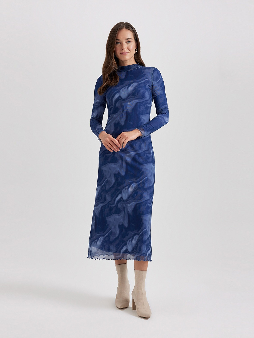 

DeFacto Abstract Printed Mock Neck Long Sleeves A-Line Dress, Blue