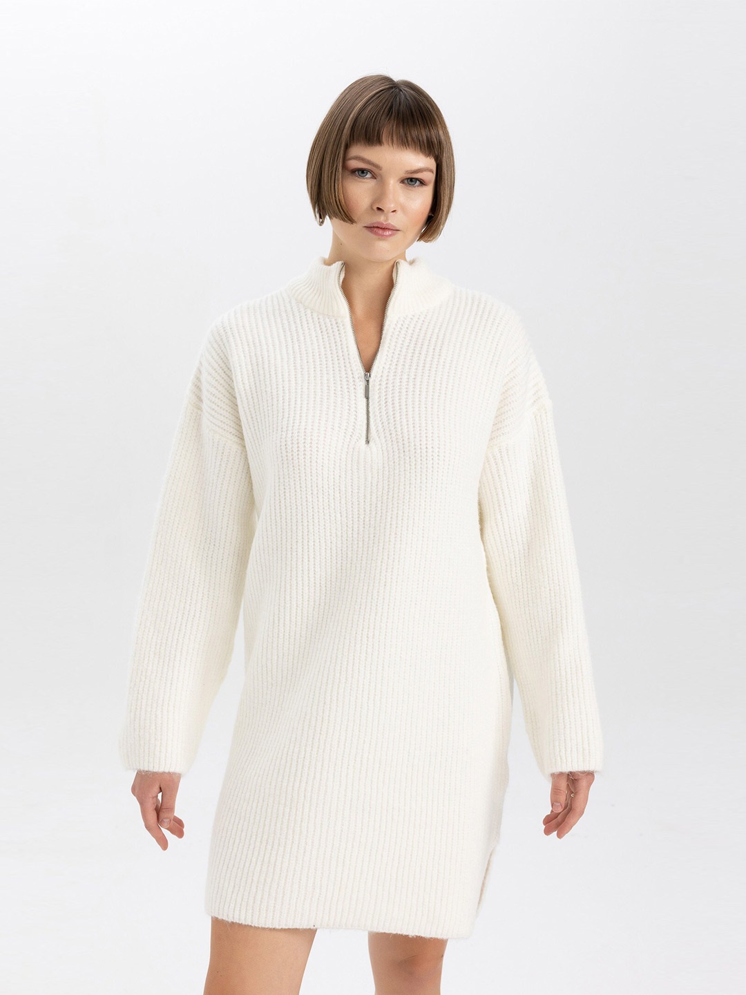 

DeFacto Ribbed Mock Neck Half Zipper Long Sleeves Jumper Dress, Off white