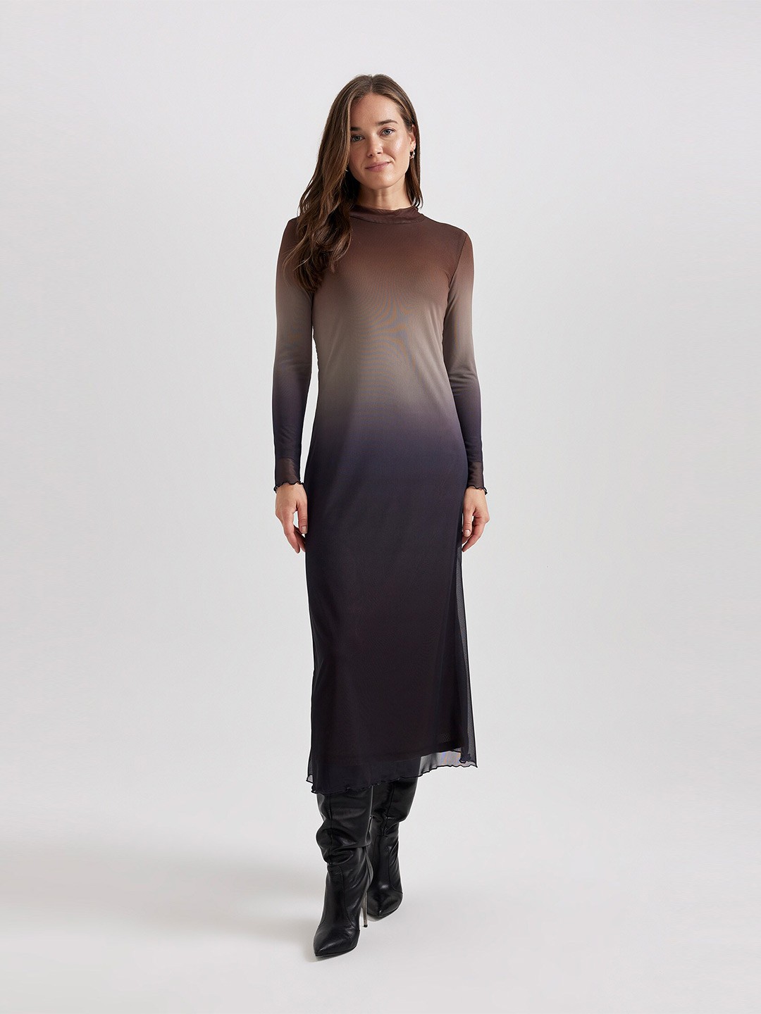 

DeFacto Ombre Dyed Mock Neck Long Sleeves A-Line Dress, Brown